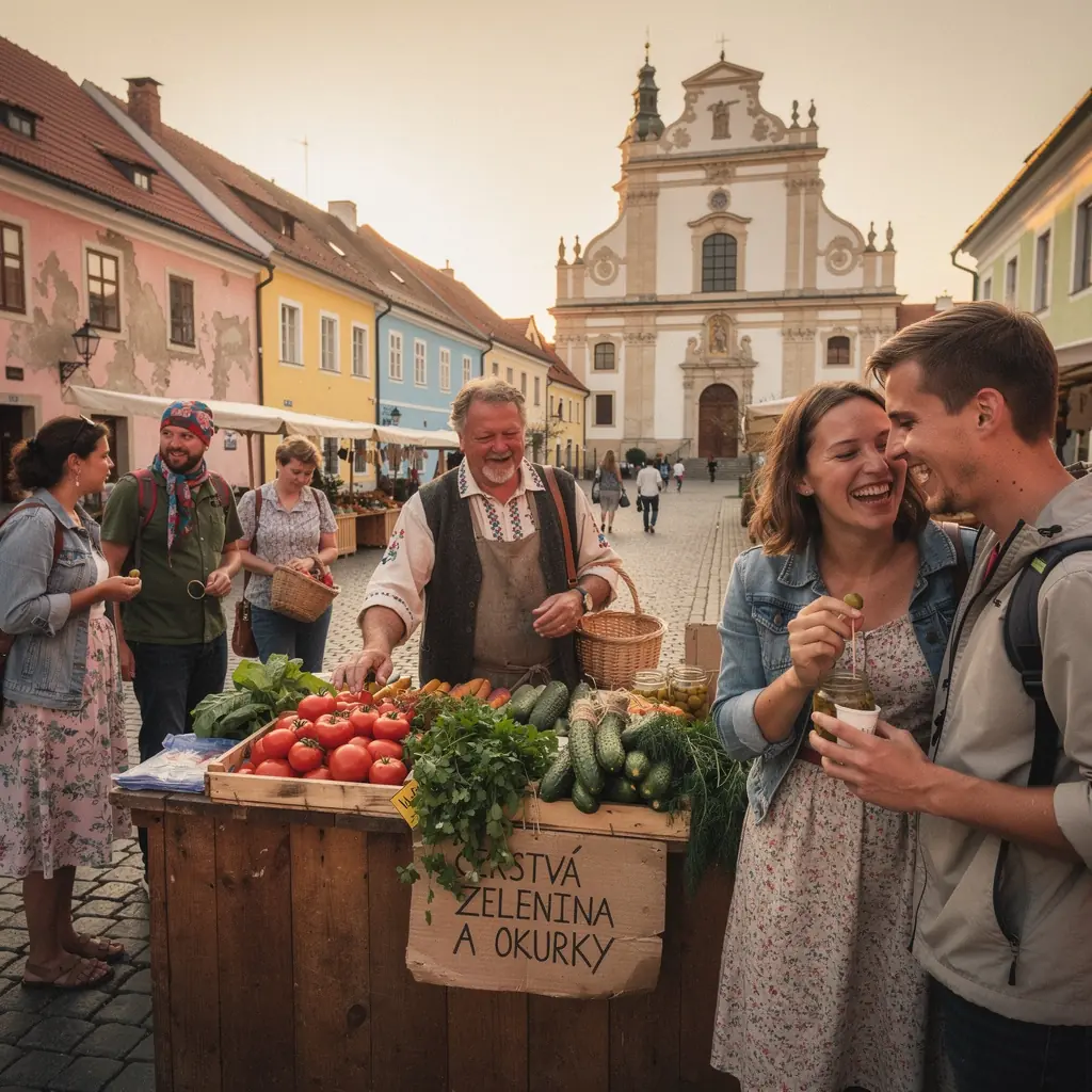 Skupina turistů ochutnávající regionální speciality v malebné vesnici.