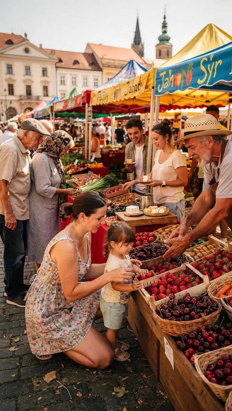 Tradiční české trhy plné čerstvého ovoce a zeleniny s místními stánky.